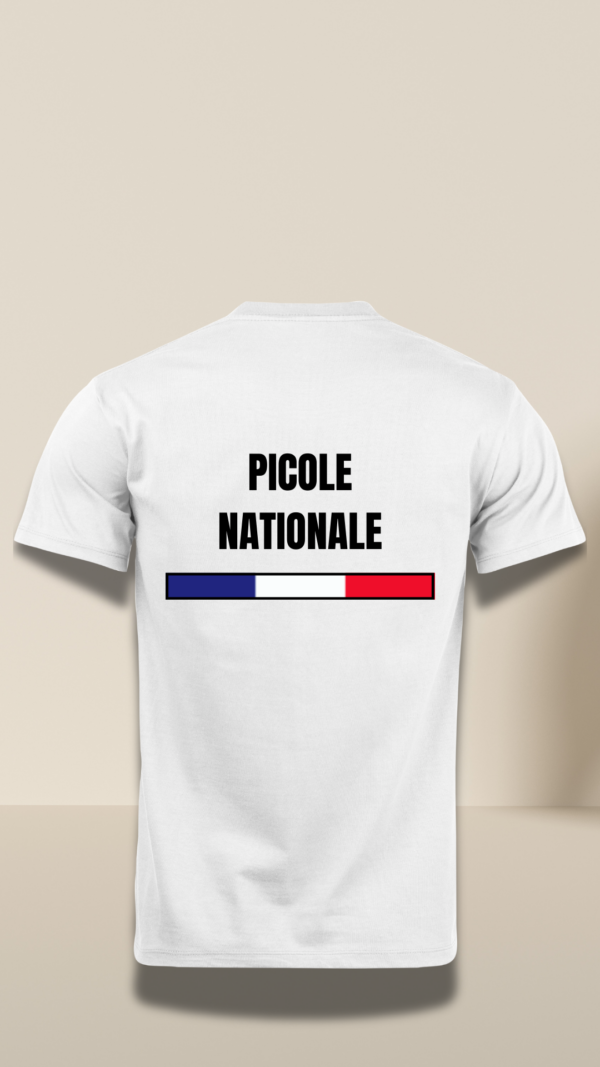 T shirt blanc floqué en nooir "Picole nationale" avec le drapeau français floqué en dessous