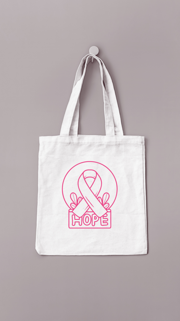 Sac réutilisable floqyé avec le ruban d'octobre rose et hope en dessous (qui veut dire espoir)