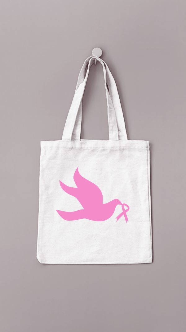 Sac réutilisable floqué avec un oiseau qui porte le ruban d'octobre rose